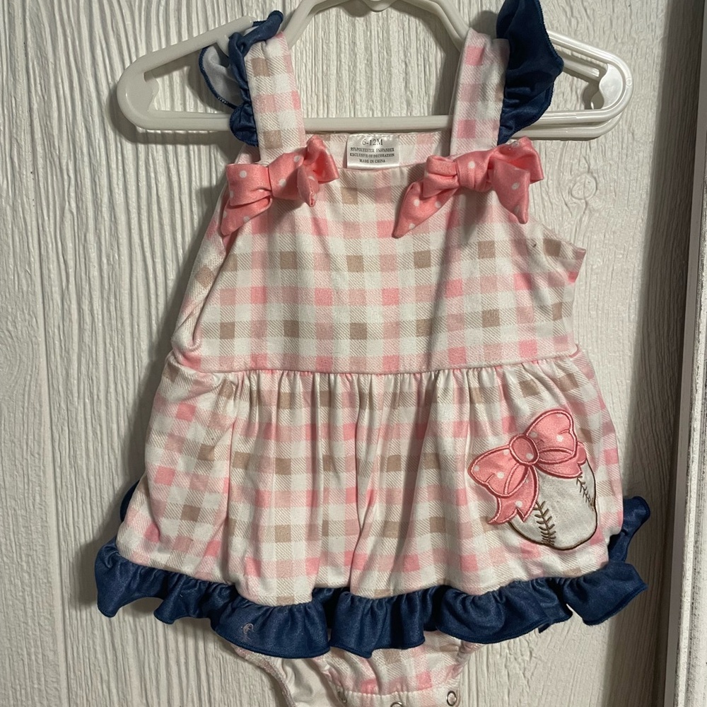 6-12 mo Pink Gingham Baby Baseball Romper Girl